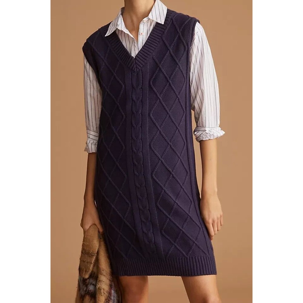 Callahan Knitwear Cable Knit V Neck Sleeveless Sweater Dress Womens M Navy Blue
